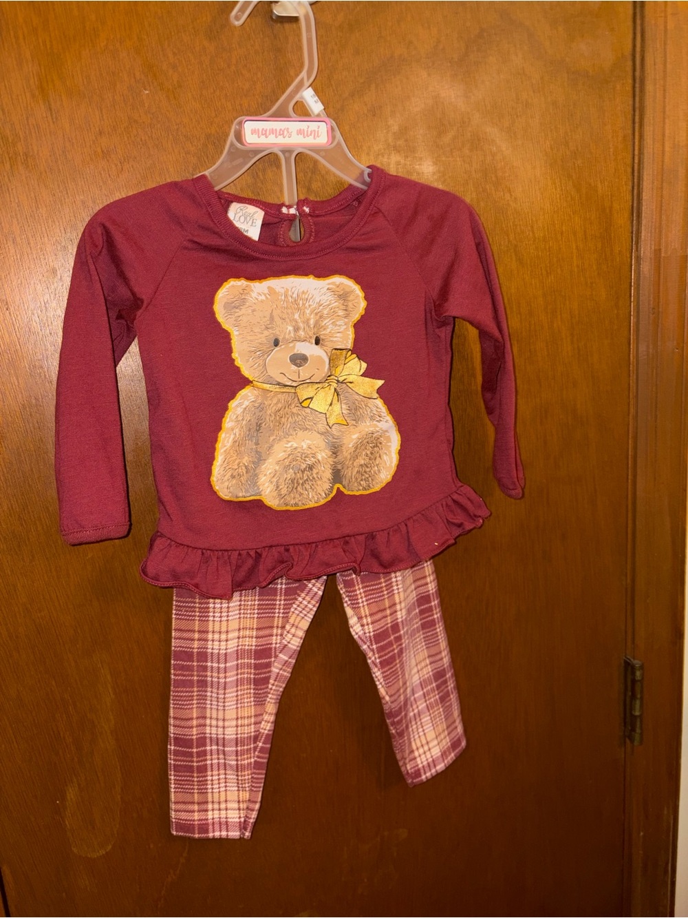 Toddler Burgundy Teddy Bear  Set with Plaid Leggings